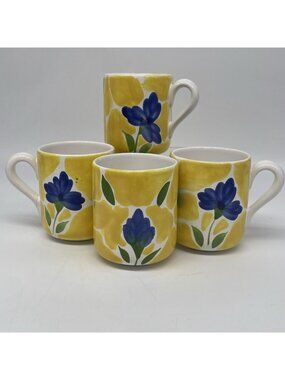 Dansk St Tropez Portugal Coffee Cup Set Of 4 Yellow Blue Floral Flowers D/C SEE